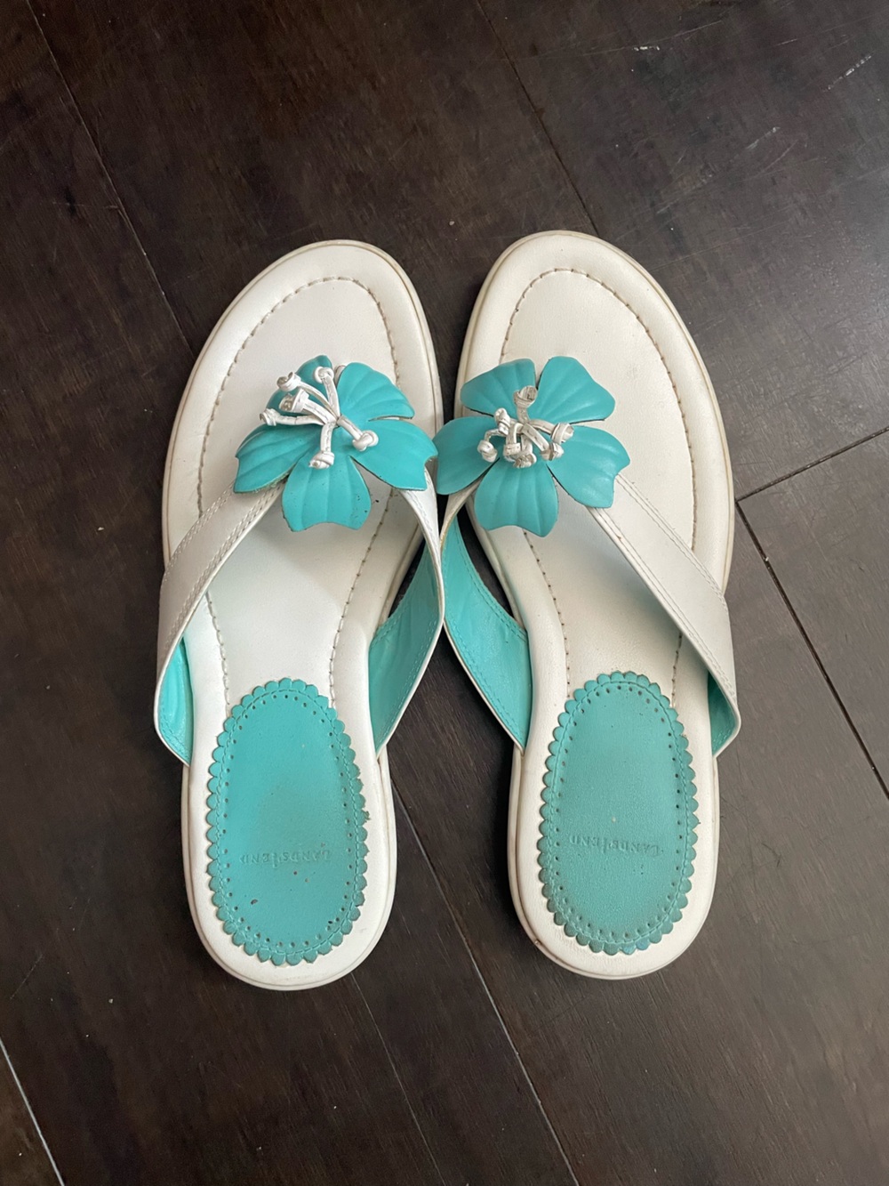 Lands' End White and Turquoise Floral Thong Sandals